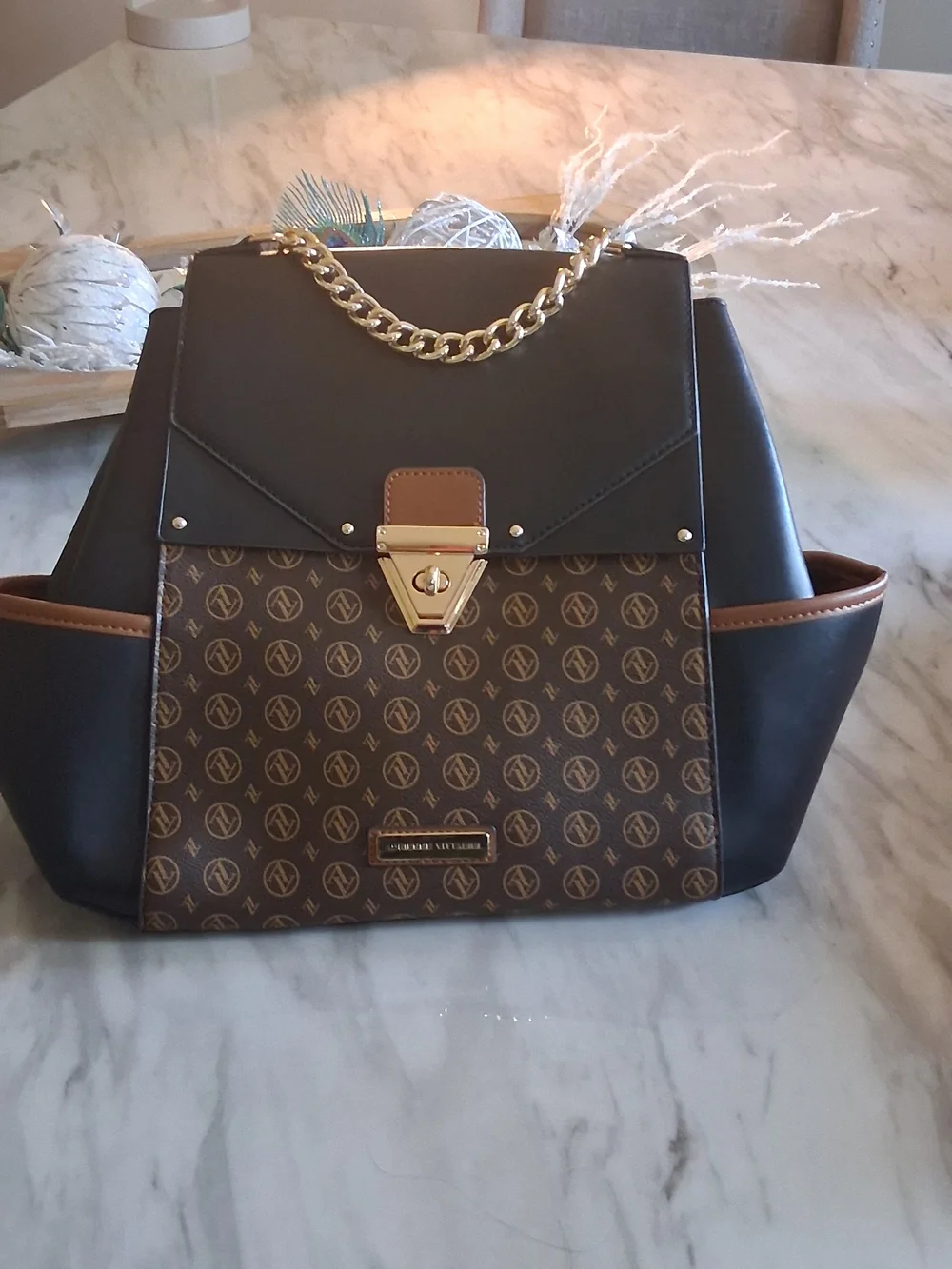 Designer-Inspired Brown & Black Chain-Accent Women’s Handbag